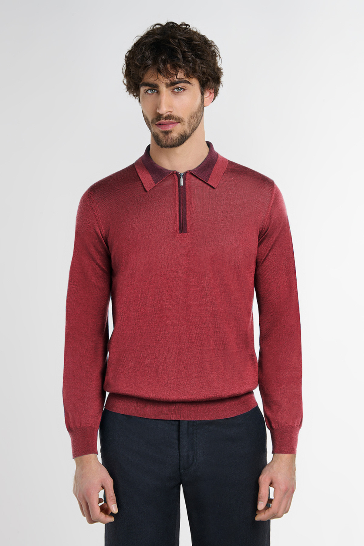 Burgundy red zipped polo shirt, long sleeves
