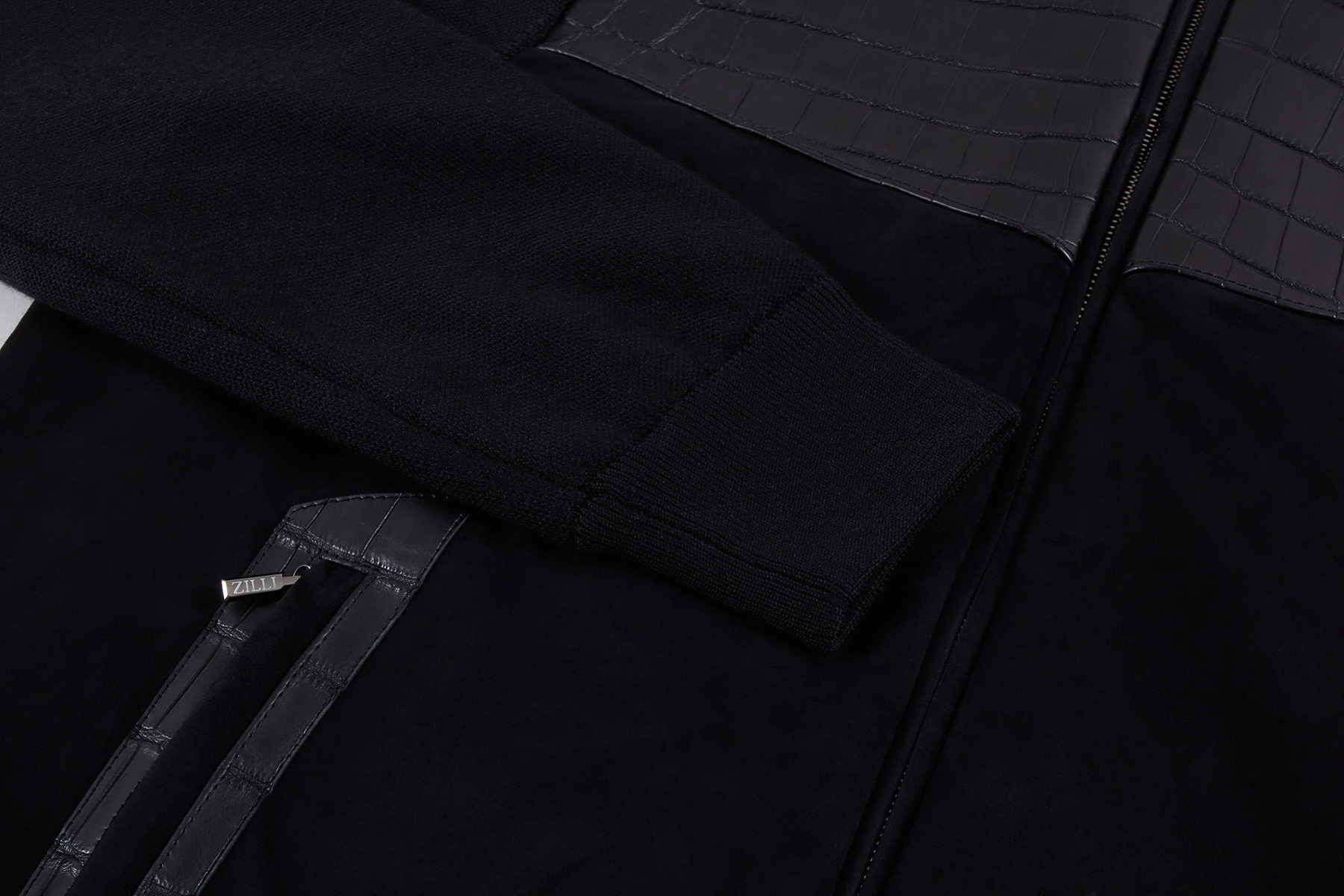 Black zipped cardigan, suede calfskin and crocodile details