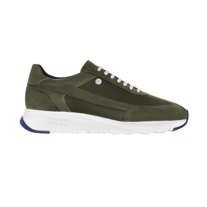 Olive-green run sneakers in deerskin, suede calfskin and calfskin