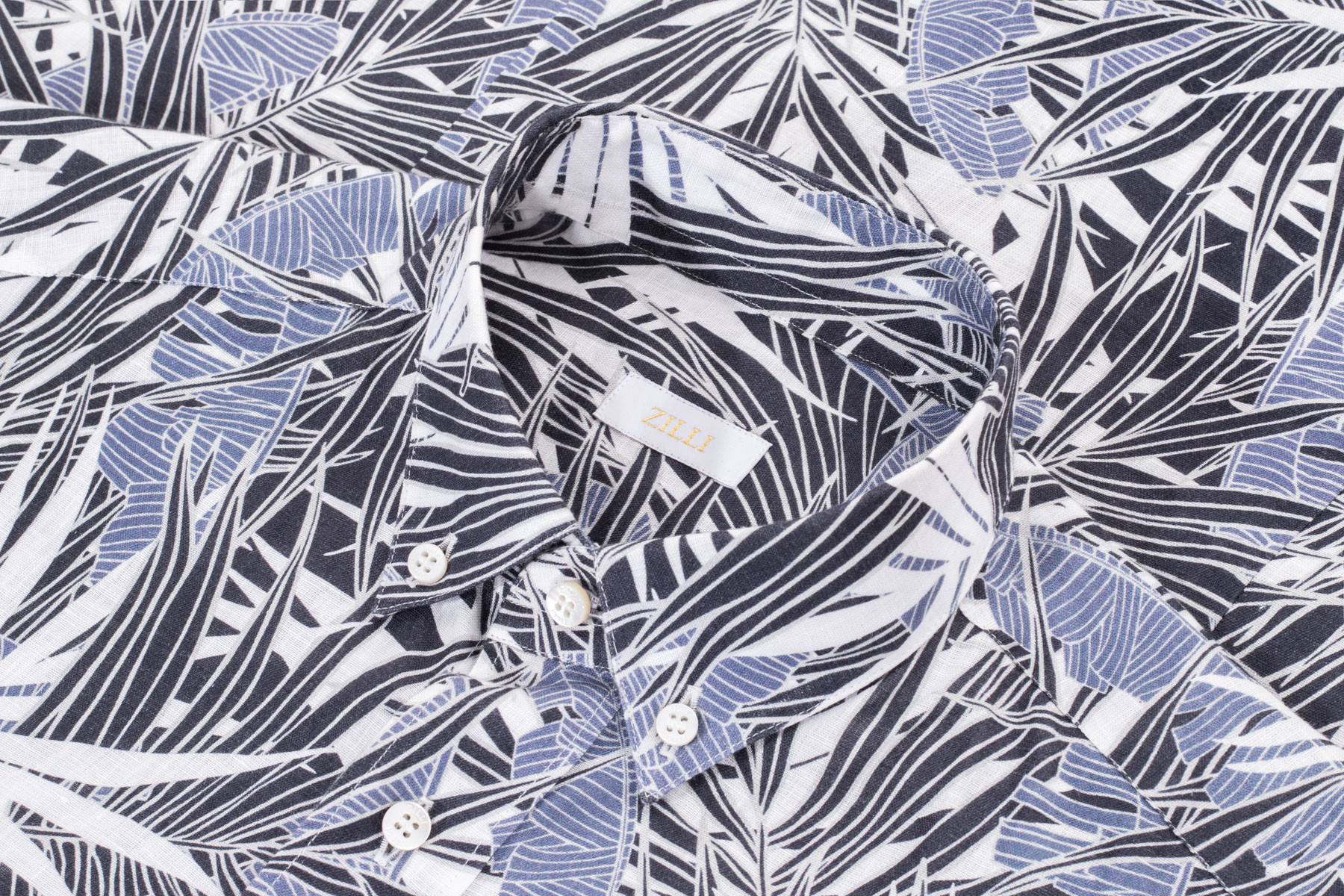 Navy-blue, slate-blue and white shirt, palm tree print pattern