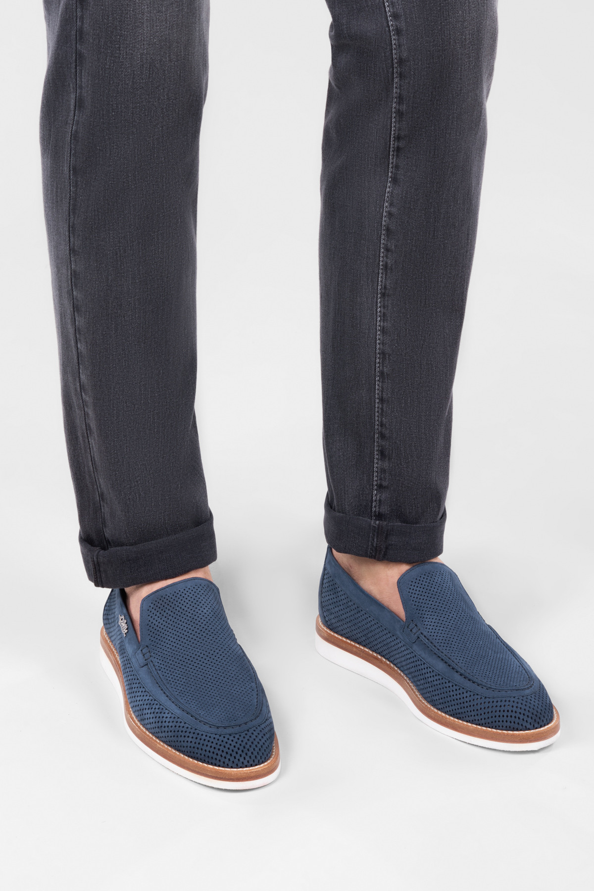 Denim blue loafers in perforated suede calfskin