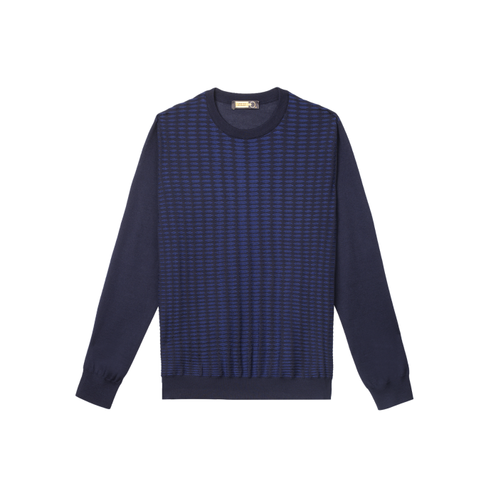 Black and blue round neck sweater