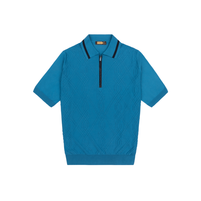 Petrol blue and navy knitted zipped polo shirt