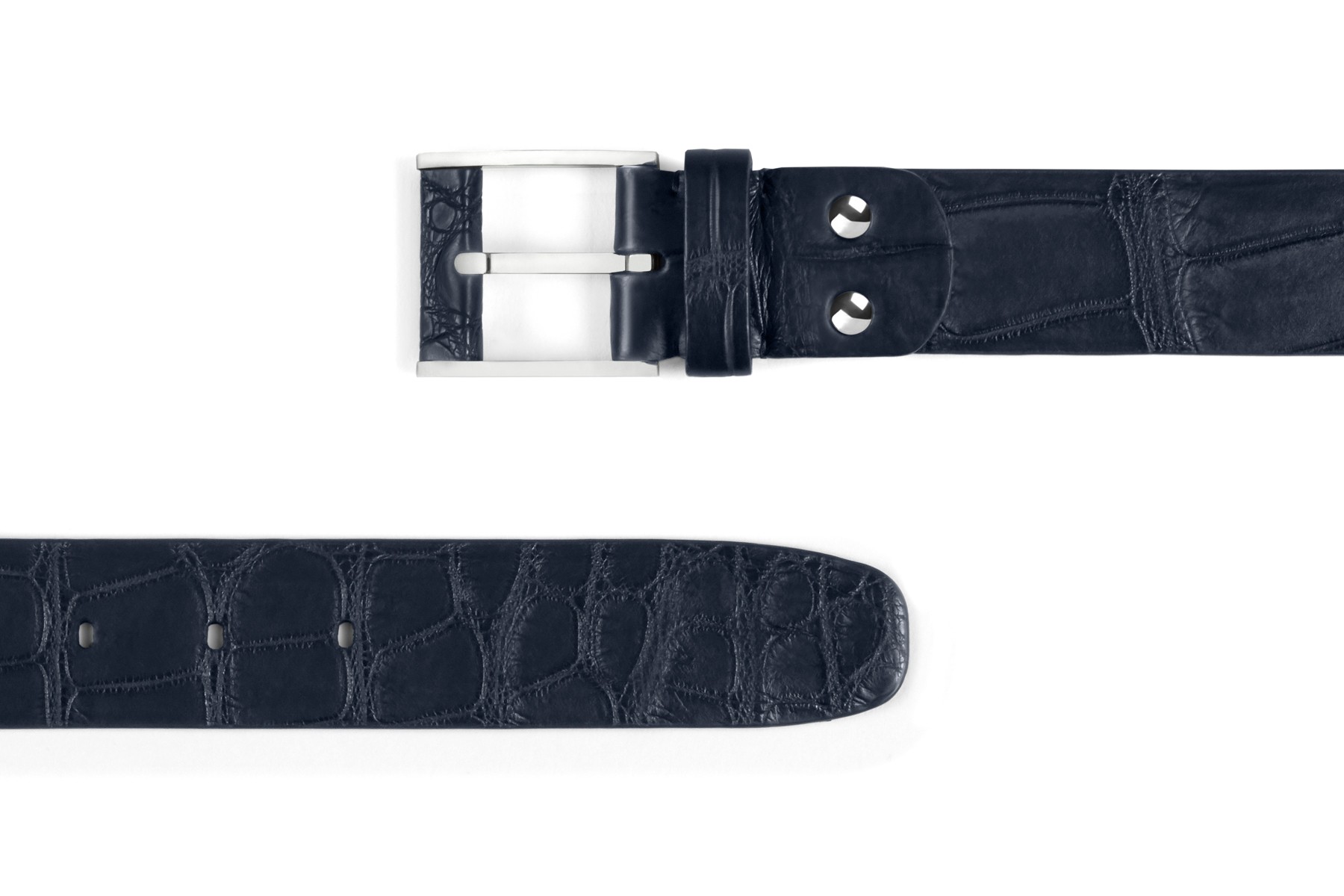 Navy belt in matt crocodile, 126 buckle, width 35mm