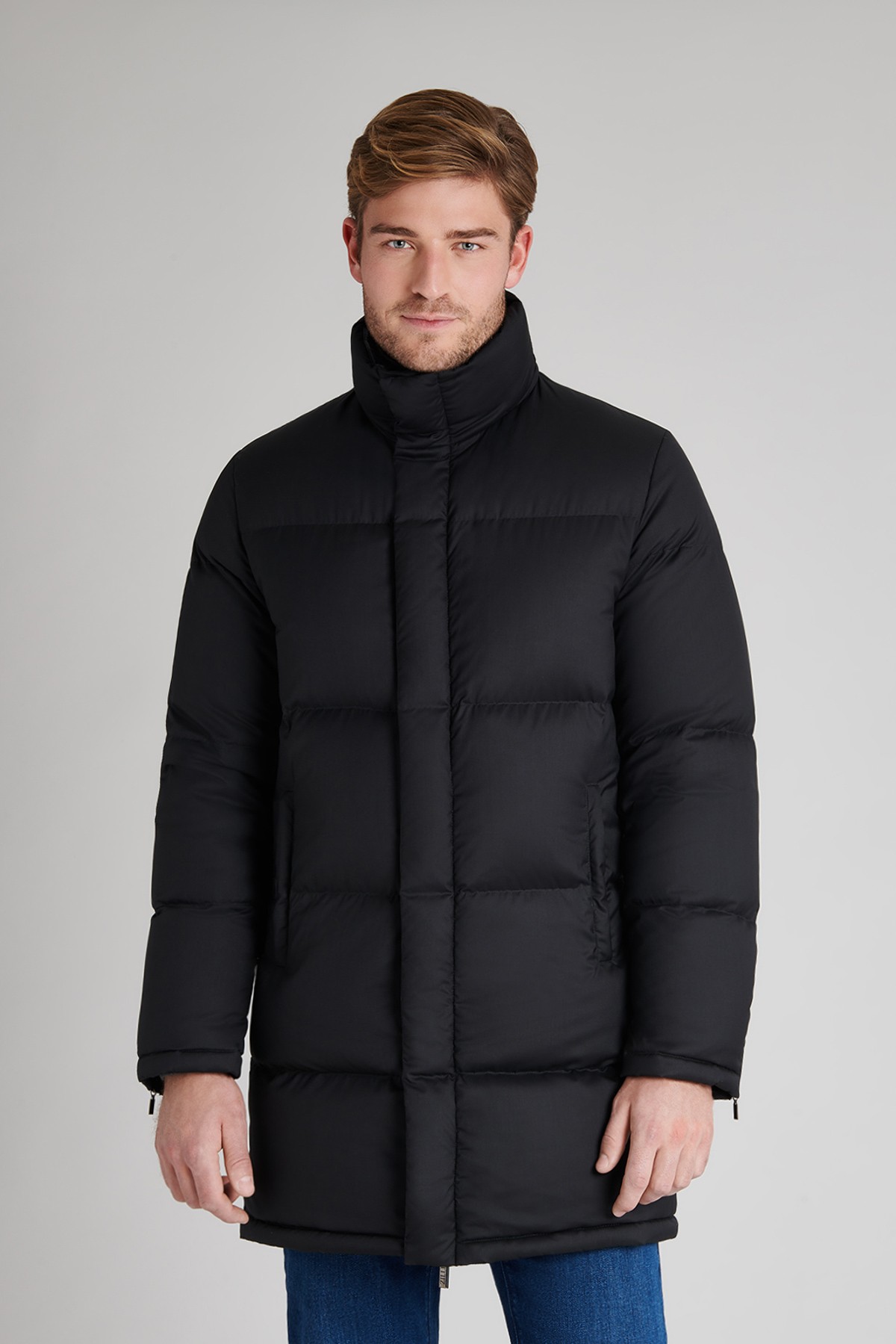 Black long padded coat, high collar